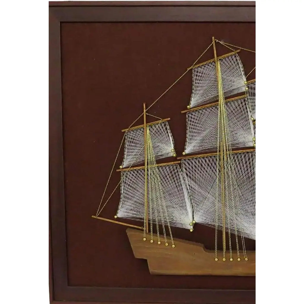 Large 1970s Mid-Century Modern Nautical String Art Galleon in Professional Gallery Frame