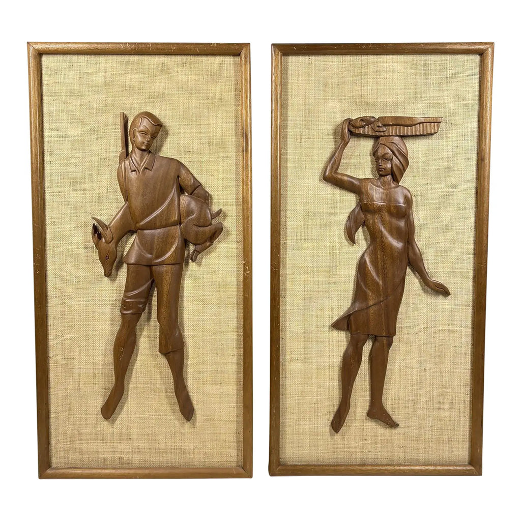 Large 24” Mid-Century Modern Hand-Carved Teak & Burlap Wall Art – Set of 2