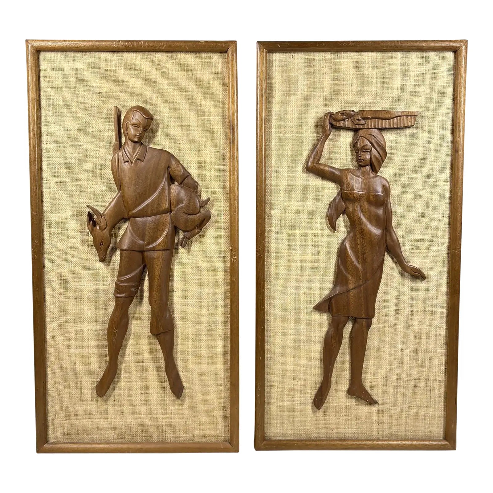 Large 24” Mid-Century Modern Hand-Carved Teak & Burlap Wall Art – Set of 2