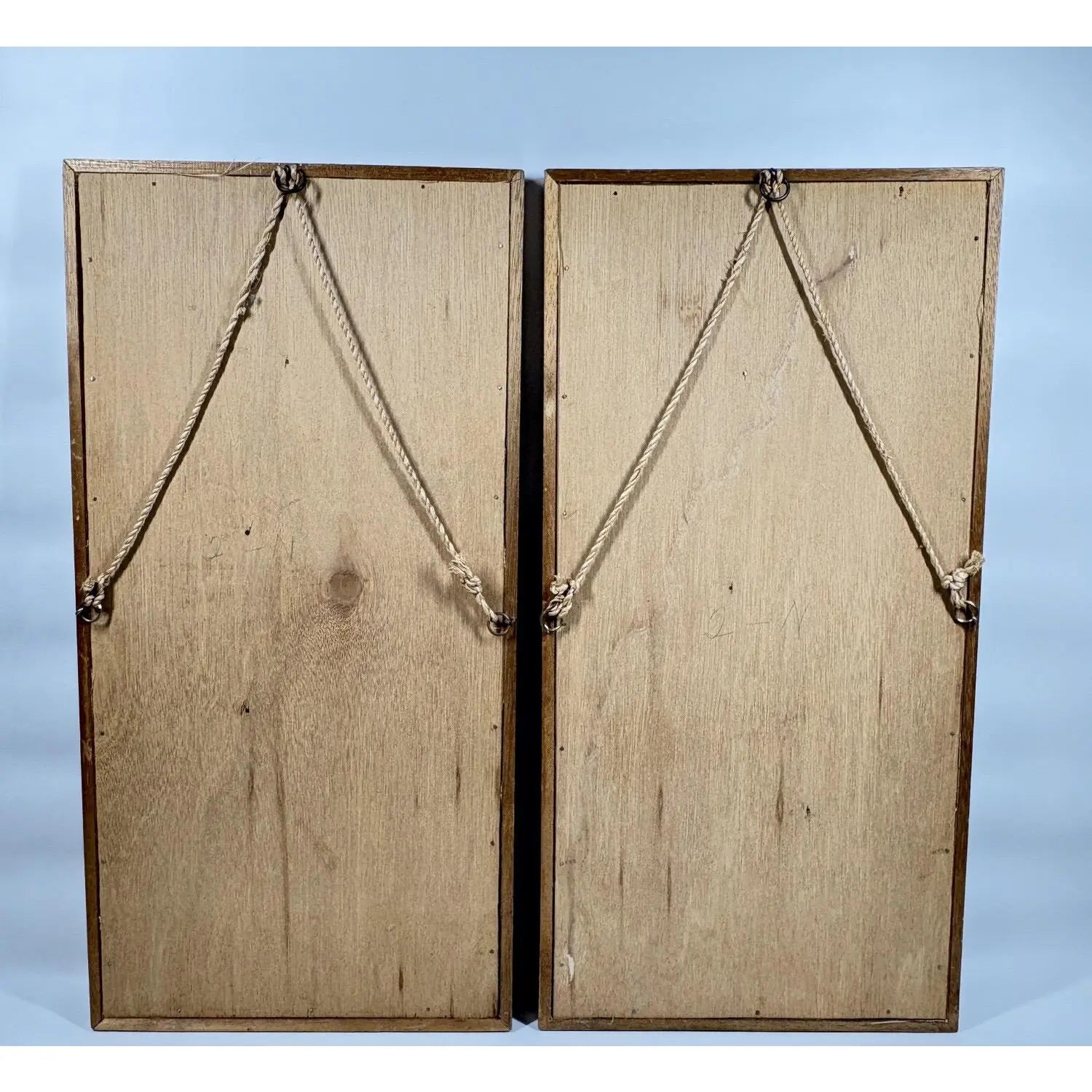 Large 24” Mid-Century Modern Hand-Carved Teak & Burlap Wall Art – Set of 2