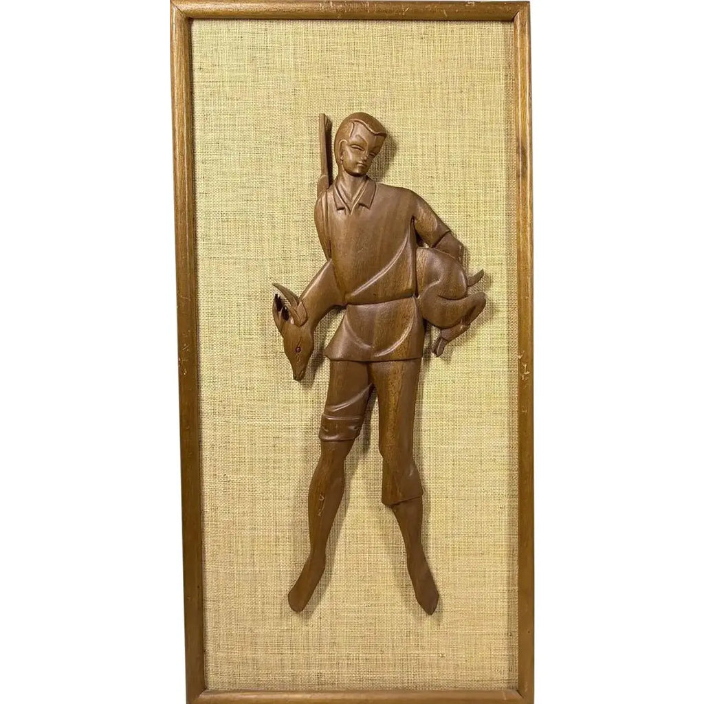 Large 24” Mid-Century Modern Hand-Carved Teak & Burlap Wall Art – Set of 2