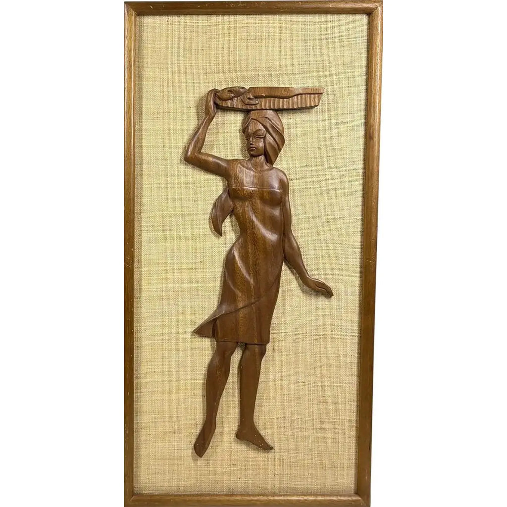 Large 24” Mid-Century Modern Hand-Carved Teak & Burlap Wall Art – Set of 2