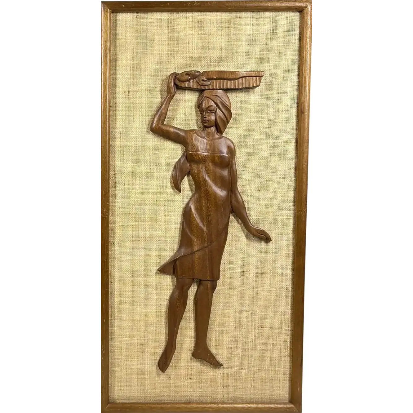 Large 24” Mid-Century Modern Hand-Carved Teak & Burlap Wall Art – Set of 2