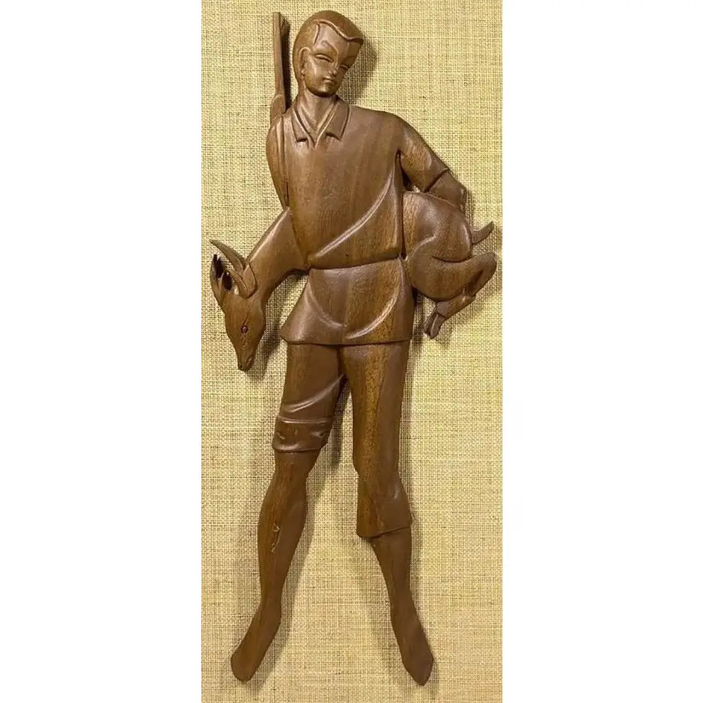 Large 24” Mid-Century Modern Hand-Carved Teak & Burlap Wall Art – Set of 2