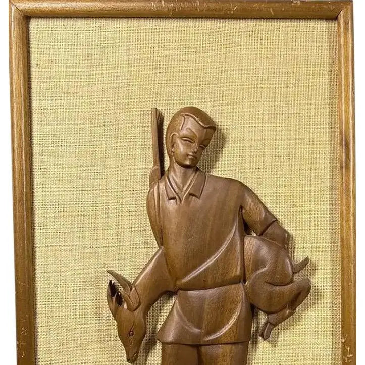 Large 24” Mid-Century Modern Hand-Carved Teak & Burlap Wall Art – Set of 2