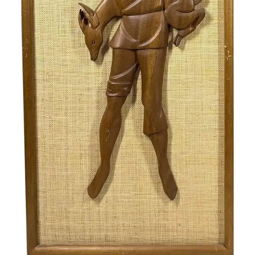 Large 24” Mid-Century Modern Hand-Carved Teak & Burlap Wall Art – Set of 2