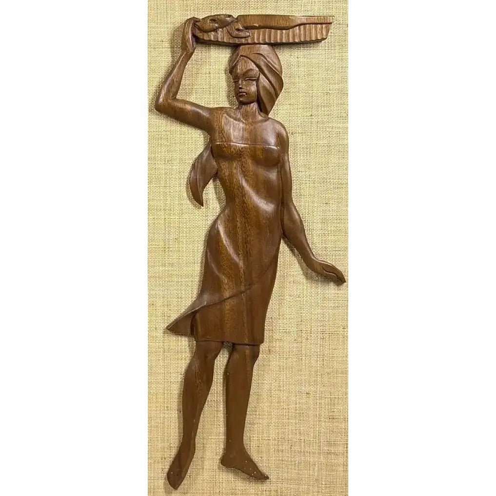 Large 24” Mid-Century Modern Hand-Carved Teak & Burlap Wall Art – Set of 2