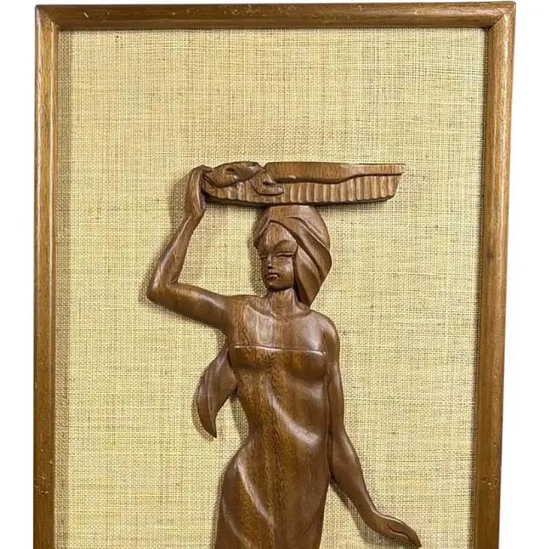Large 24” Mid-Century Modern Hand-Carved Teak & Burlap Wall Art – Set of 2