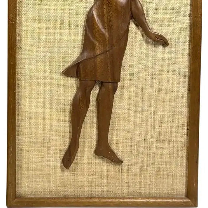 Large 24” Mid-Century Modern Hand-Carved Teak & Burlap Wall Art – Set of 2
