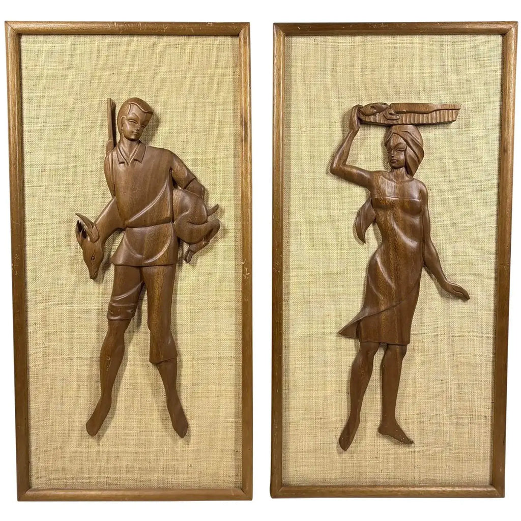 Large 24” Mid-Century Modern Hand-Carved Teak & Burlap Wall Art – Set of 2