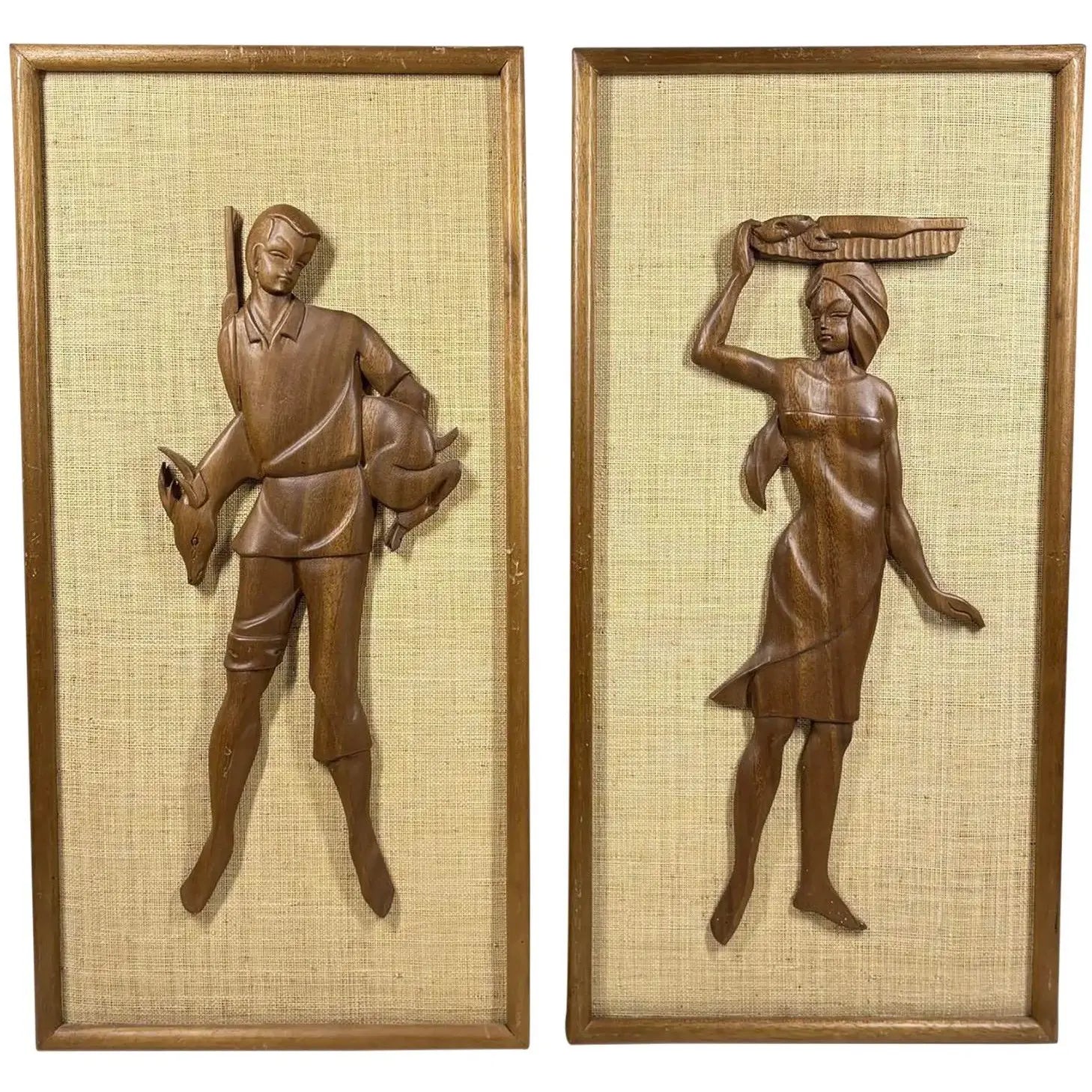 Large 24” Mid-Century Modern Hand-Carved Teak & Burlap Wall Art – Set of 2