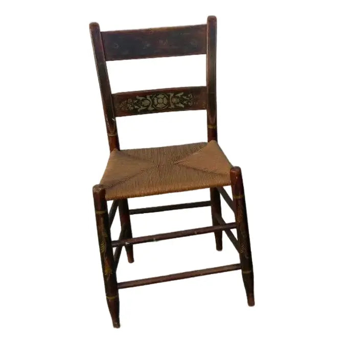 Antique Early 19th Century Hitchcock Style Stenciled Side Chair with Woven Rush Seat