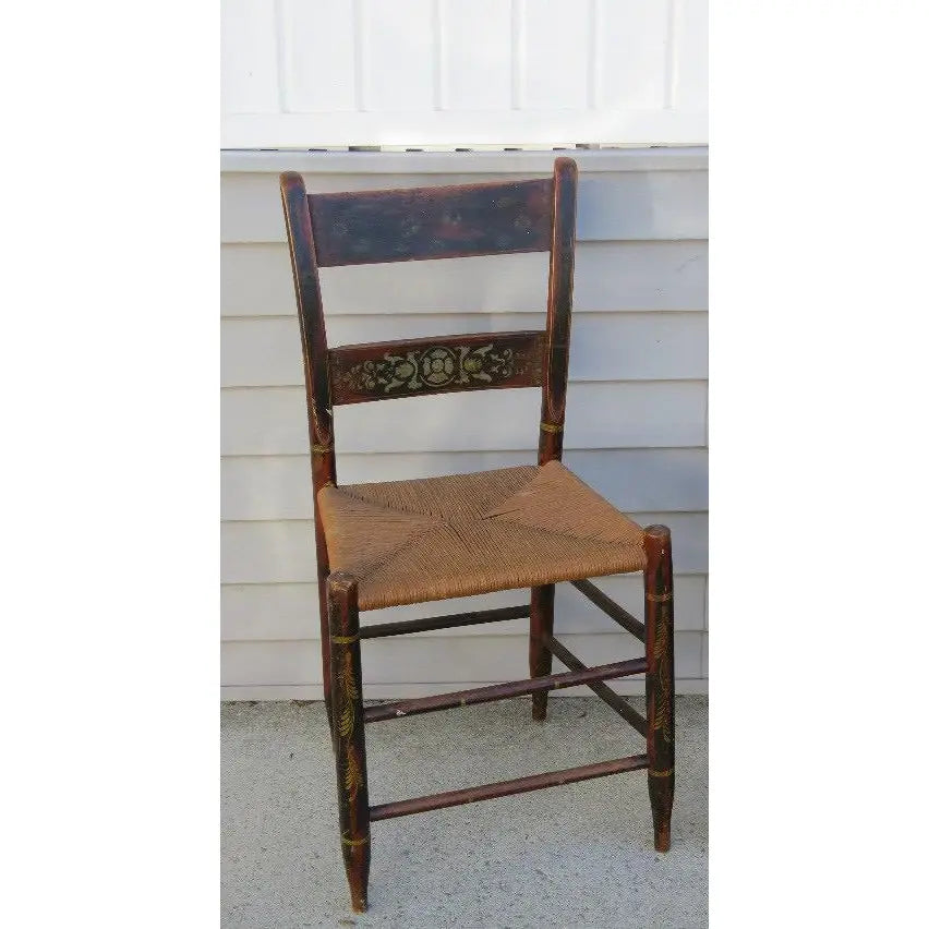 Antique Early 19th Century Hitchcock Style Stenciled Side Chair with Woven Rush Seat
