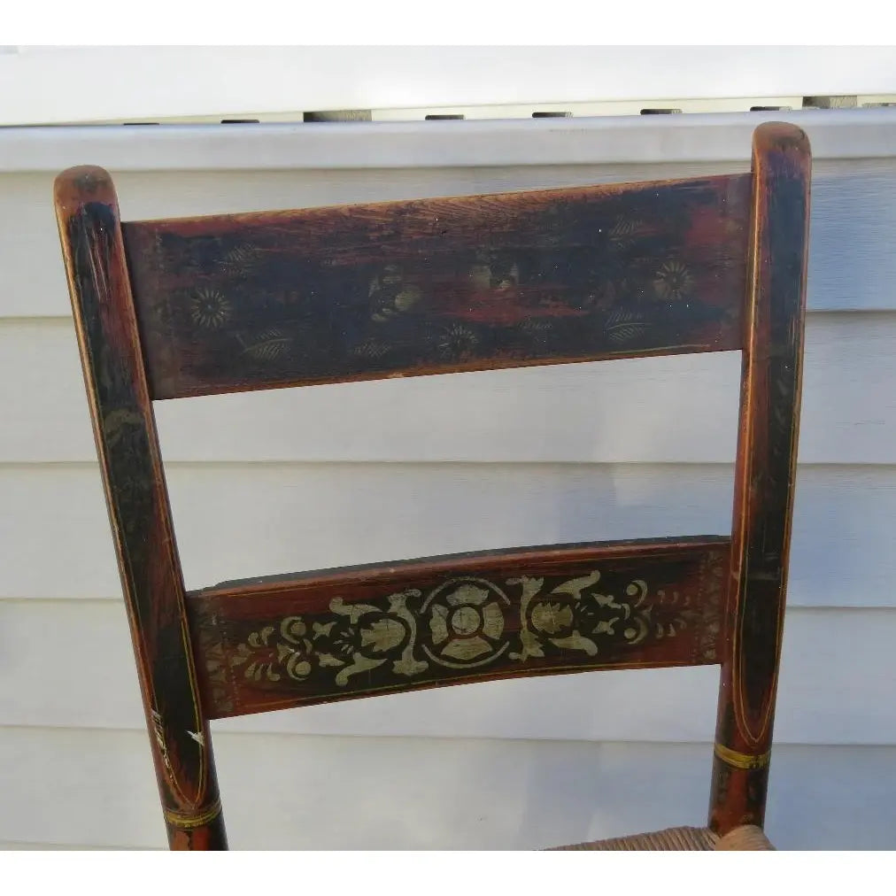 Antique Early 19th Century Hitchcock Style Stenciled Side Chair with Woven Rush Seat