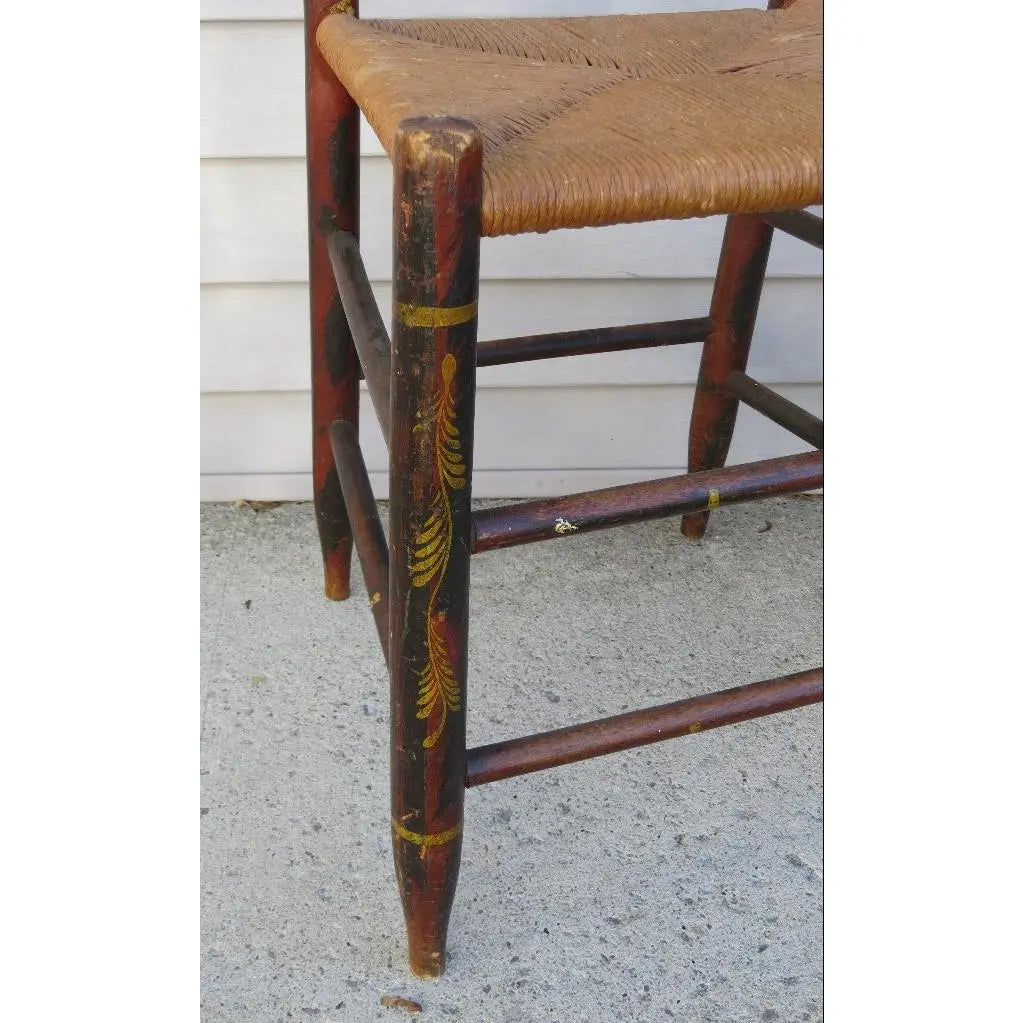 Antique Early 19th Century Hitchcock Style Stenciled Side Chair with Woven Rush Seat