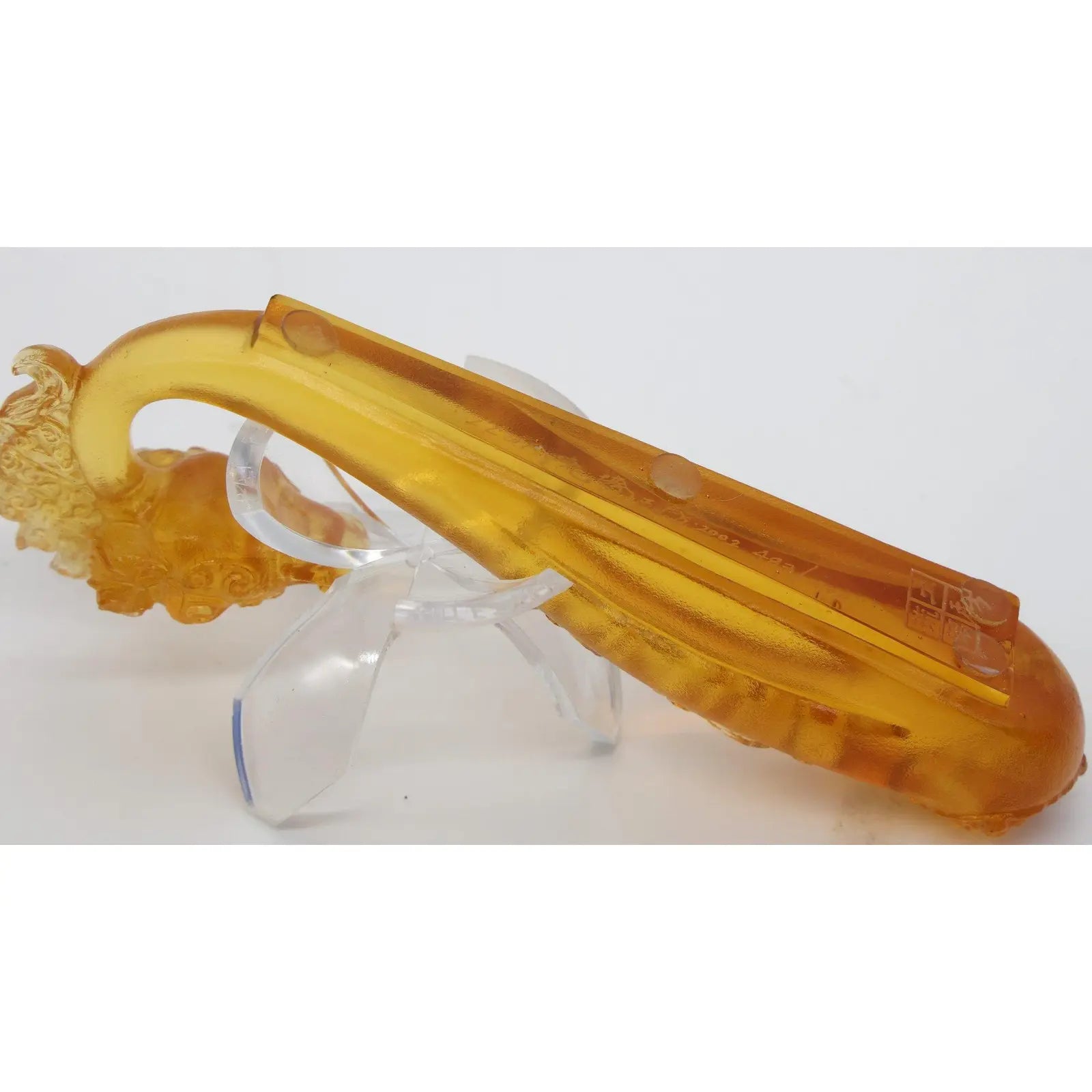 2002 Signed Liuligongfang Amber Crystal Dragon Ruyi Sculpture, Limited Edition No. 483, Loretta Yang Pâte de Verre Art Glass, Chinoiserie Decor