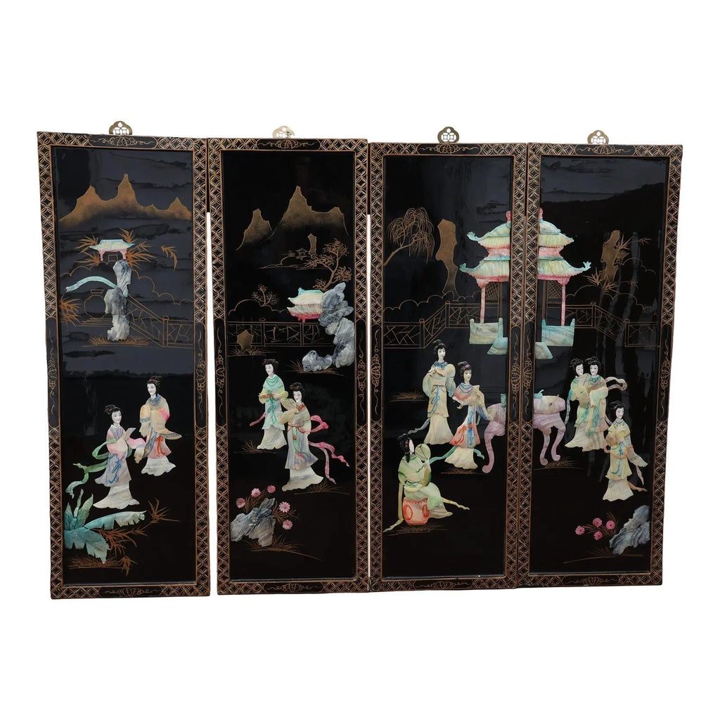 Antique Mid-Century Chinese Black Lacquer Wall Panels: Set of 4 with Raised Hardstone and Mother-of-Pearl Inlay