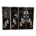 Antique Mid-Century Chinese Black Lacquer Wall Panels: Set of 4 with Raised Hardstone and Mother-of-Pearl Inlay