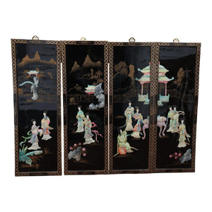 Antique Mid-Century Chinese Black Lacquer Wall Panels: Set of 4 with Raised Hardstone and Mother-of-Pearl Inlay