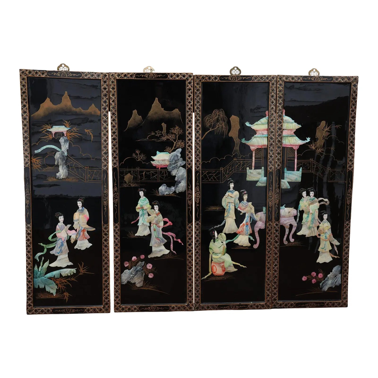 Antique Mid-Century Chinese Black Lacquer Wall Panels: Set of 4 with Raised Hardstone and Mother-of-Pearl Inlay