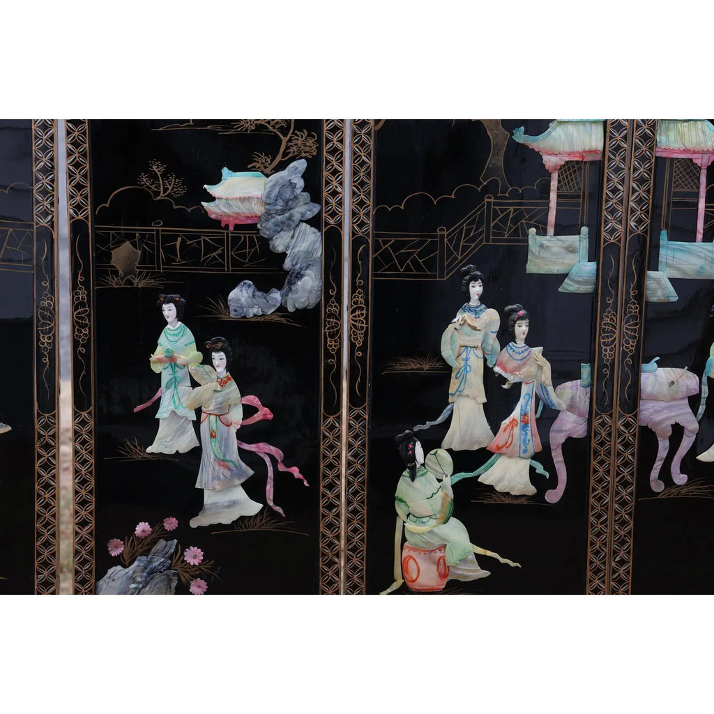 Antique Mid-Century Chinese Black Lacquer Wall Panels: Set of 4 with Raised Hardstone and Mother-of-Pearl Inlay