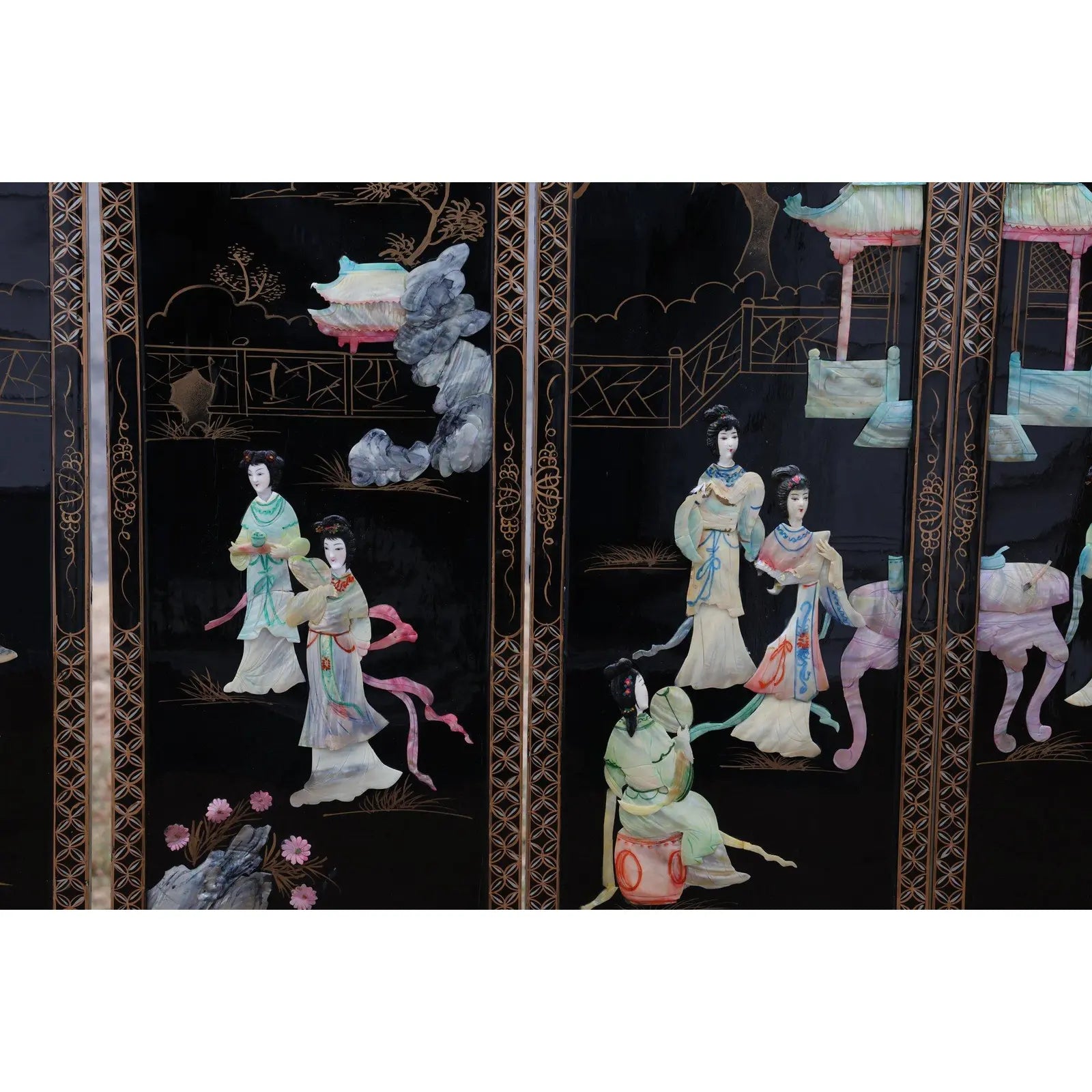 Antique Mid-Century Chinese Black Lacquer Wall Panels: Set of 4 with Raised Hardstone and Mother-of-Pearl Inlay