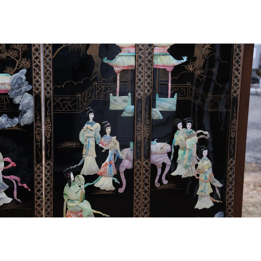 Antique Mid-Century Chinese Black Lacquer Wall Panels: Set of 4 with Raised Hardstone and Mother-of-Pearl Inlay