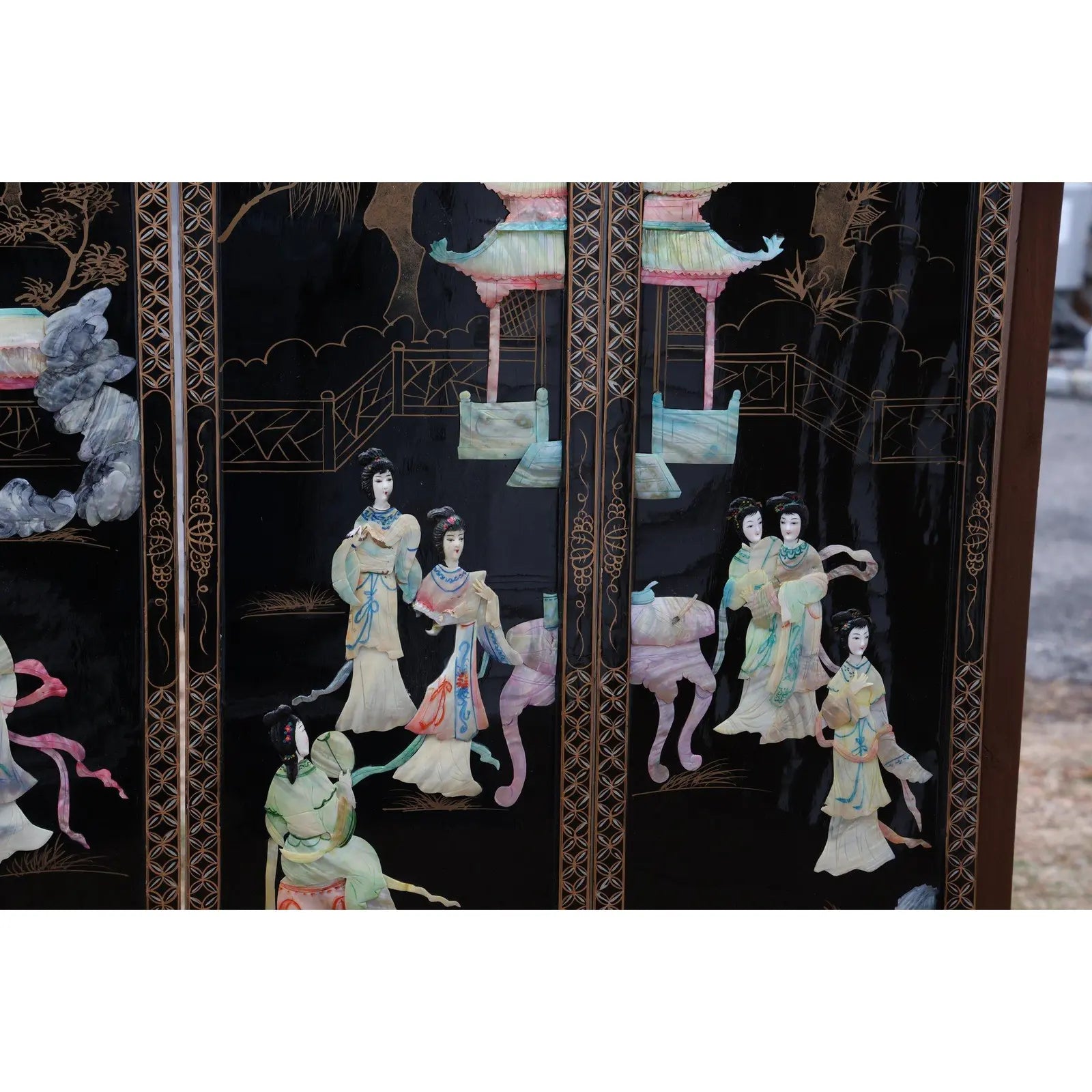 Antique Mid-Century Chinese Black Lacquer Wall Panels: Set of 4 with Raised Hardstone and Mother-of-Pearl Inlay