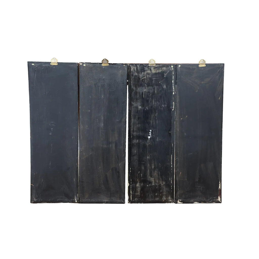 Antique Mid-Century Chinese Black Lacquer Wall Panels: Set of 4 with Raised Hardstone and Mother-of-Pearl Inlay