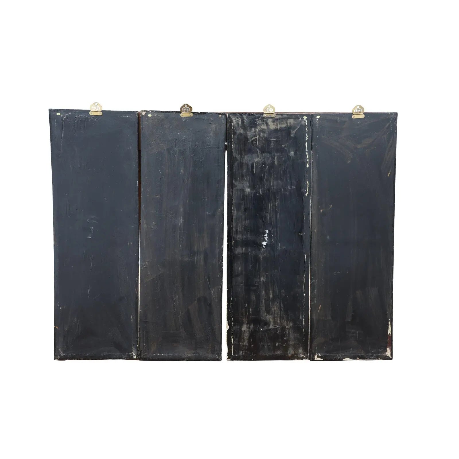 Antique Mid-Century Chinese Black Lacquer Wall Panels: Set of 4 with Raised Hardstone and Mother-of-Pearl Inlay