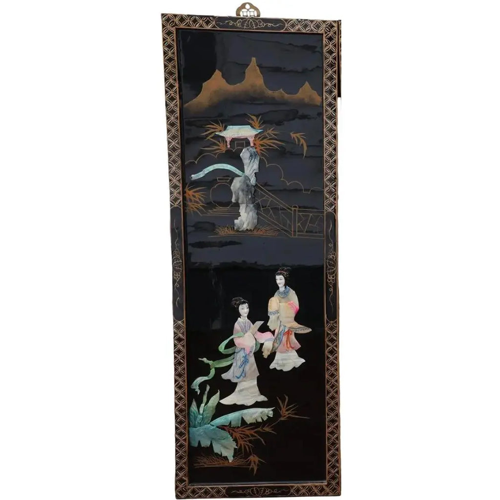 Antique Mid-Century Chinese Black Lacquer Wall Panels: Set of 4 with Raised Hardstone and Mother-of-Pearl Inlay