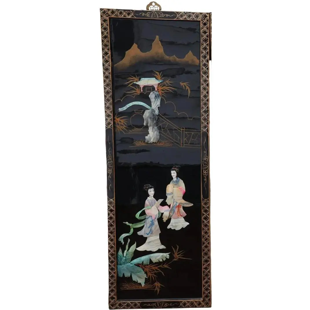 Antique Mid-Century Chinese Black Lacquer Wall Panels: Set of 4 with Raised Hardstone and Mother-of-Pearl Inlay