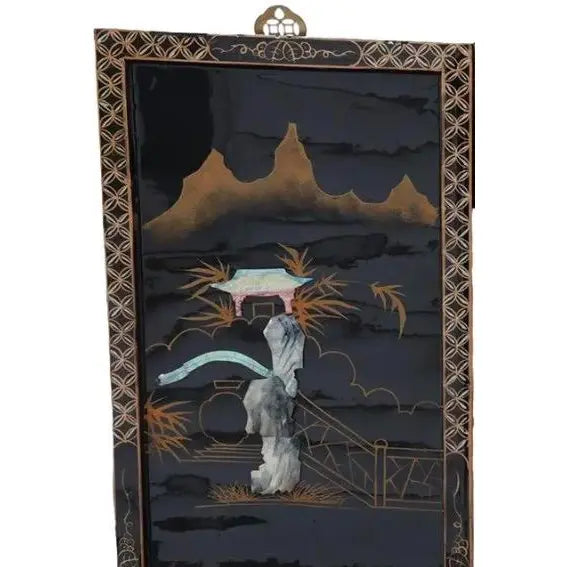 Antique Mid-Century Chinese Black Lacquer Wall Panels: Set of 4 with Raised Hardstone and Mother-of-Pearl Inlay
