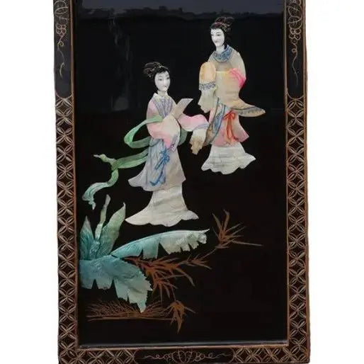 Antique Mid-Century Chinese Black Lacquer Wall Panels: Set of 4 with Raised Hardstone and Mother-of-Pearl Inlay