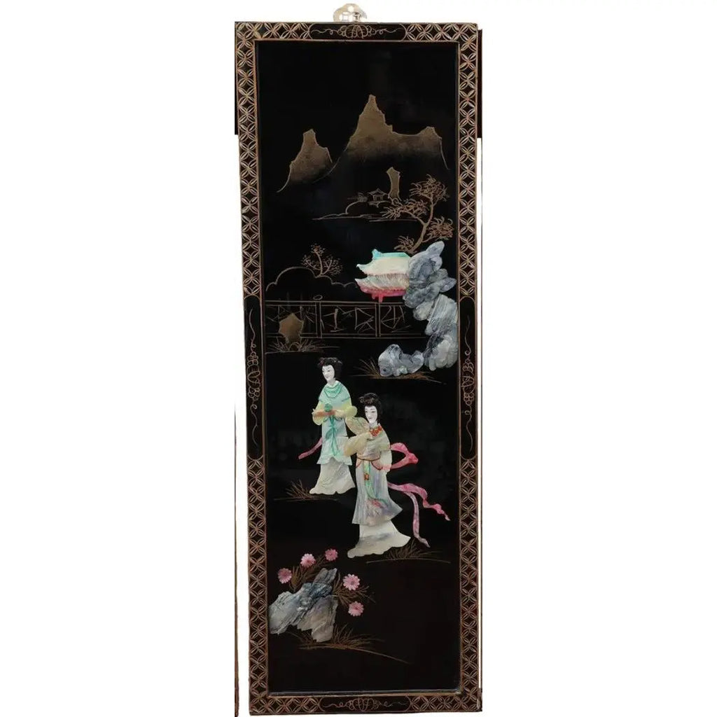 Antique Mid-Century Chinese Black Lacquer Wall Panels: Set of 4 with Raised Hardstone and Mother-of-Pearl Inlay