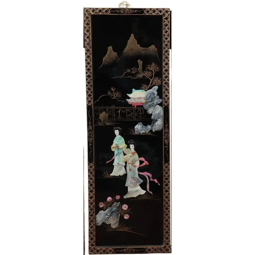 Antique Mid-Century Chinese Black Lacquer Wall Panels: Set of 4 with Raised Hardstone and Mother-of-Pearl Inlay
