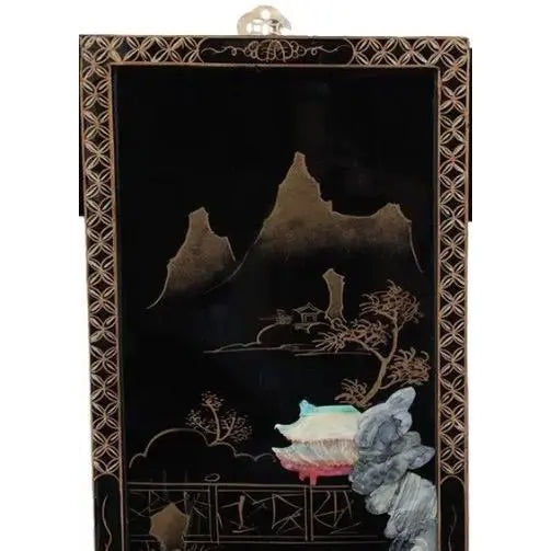 Antique Mid-Century Chinese Black Lacquer Wall Panels: Set of 4 with Raised Hardstone and Mother-of-Pearl Inlay