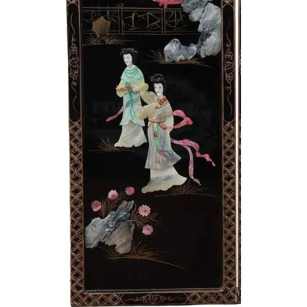 Antique Mid-Century Chinese Black Lacquer Wall Panels: Set of 4 with Raised Hardstone and Mother-of-Pearl Inlay