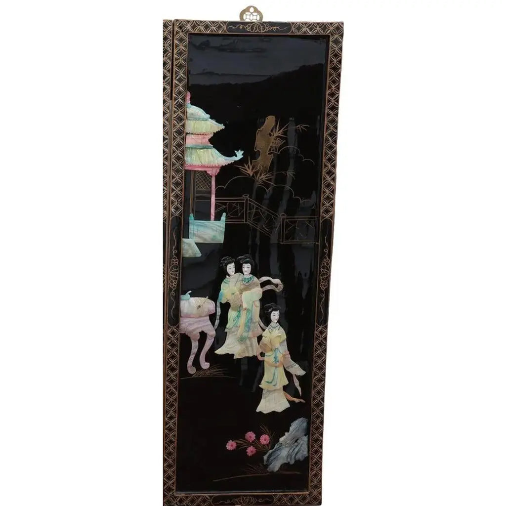 Antique Mid-Century Chinese Black Lacquer Wall Panels: Set of 4 with Raised Hardstone and Mother-of-Pearl Inlay