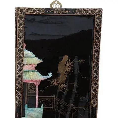 Antique Mid-Century Chinese Black Lacquer Wall Panels: Set of 4 with Raised Hardstone and Mother-of-Pearl Inlay