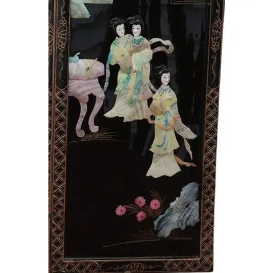 Antique Mid-Century Chinese Black Lacquer Wall Panels: Set of 4 with Raised Hardstone and Mother-of-Pearl Inlay