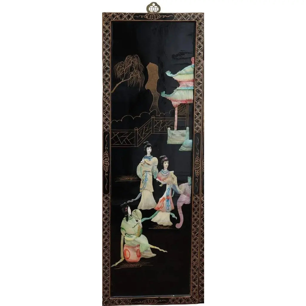 Antique Mid-Century Chinese Black Lacquer Wall Panels: Set of 4 with Raised Hardstone and Mother-of-Pearl Inlay