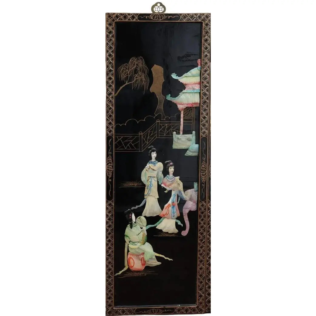Antique Mid-Century Chinese Black Lacquer Wall Panels: Set of 4 with Raised Hardstone and Mother-of-Pearl Inlay