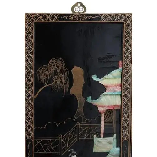 Antique Mid-Century Chinese Black Lacquer Wall Panels: Set of 4 with Raised Hardstone and Mother-of-Pearl Inlay