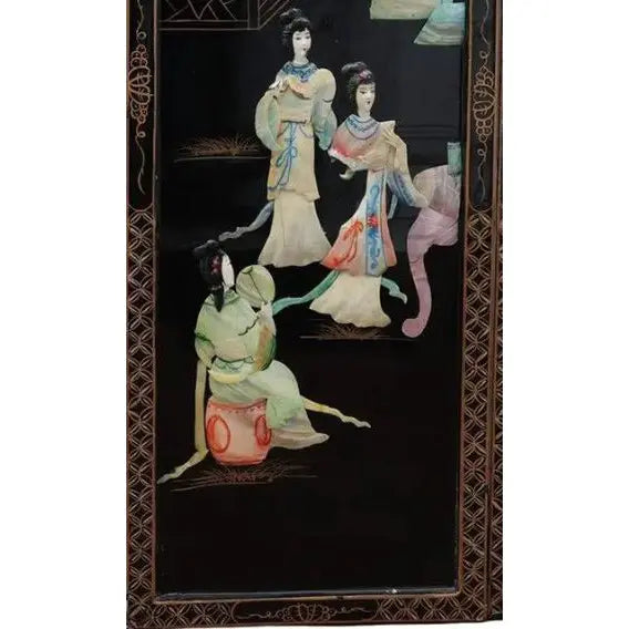Antique Mid-Century Chinese Black Lacquer Wall Panels: Set of 4 with Raised Hardstone and Mother-of-Pearl Inlay