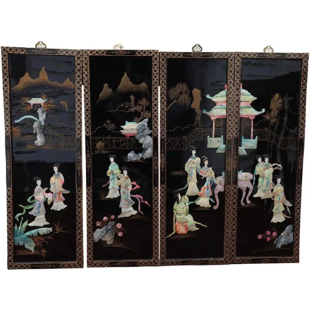 Antique Mid-Century Chinese Black Lacquer Wall Panels: Set of 4 with Raised Hardstone and Mother-of-Pearl Inlay