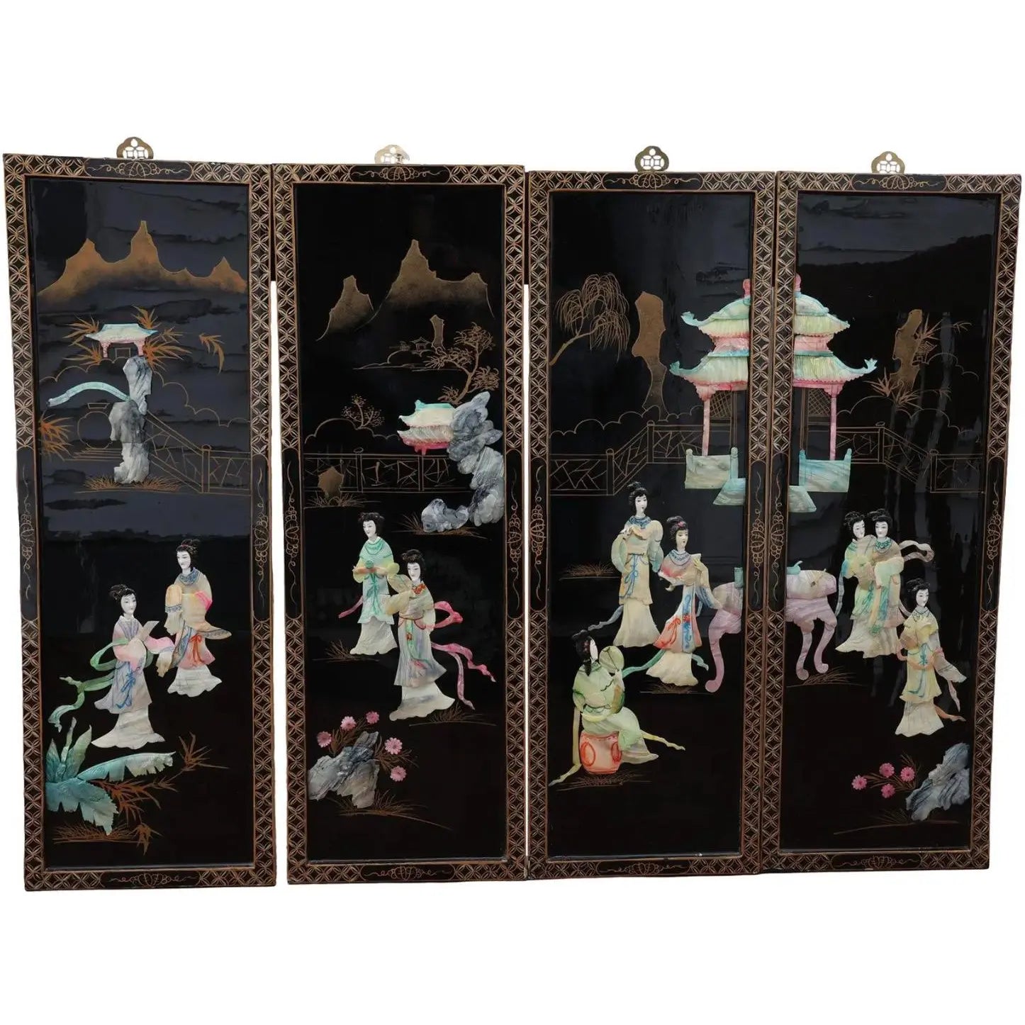 Antique Mid-Century Chinese Black Lacquer Wall Panels: Set of 4 with Raised Hardstone and Mother-of-Pearl Inlay