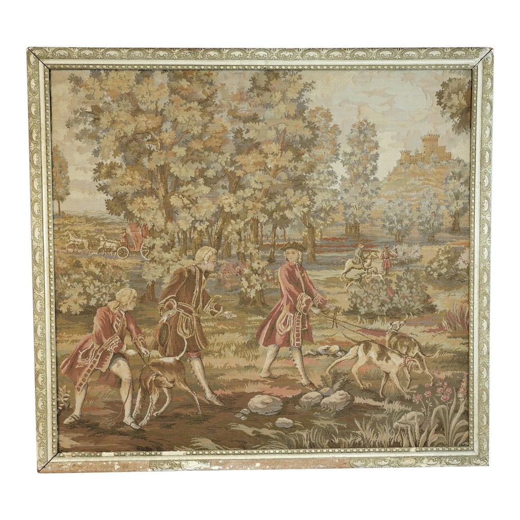 Large Vintage Framed French Hunting Scene Tapestry – Aubusson-Style Verdure Jacquard