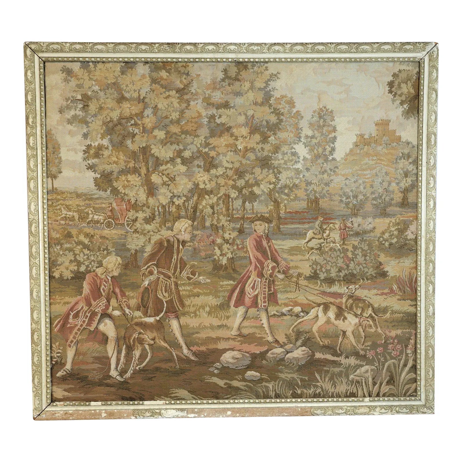 Large Vintage Framed French Hunting Scene Tapestry – Aubusson-Style Verdure Jacquard