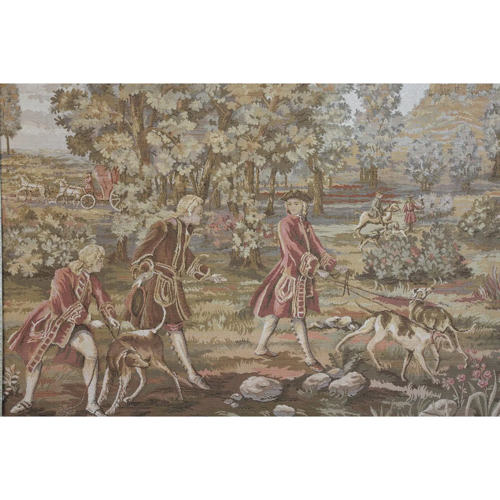Large Vintage Framed French Hunting Scene Tapestry – Aubusson-Style Verdure Jacquard